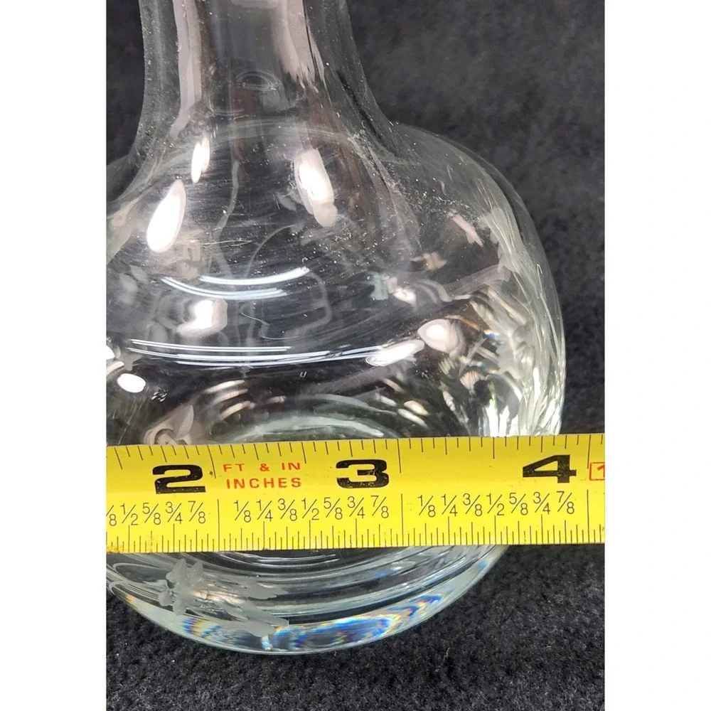 Vtg Danish Design Glass Decanter W/ Stopper Etched Floral Clear Made in Romania
